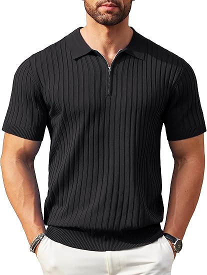 COOFANDY Polo con Cremallera para Hombre, Manga Corta, de Punto Acanalado, Camisetas de Golf Casuales de Moda