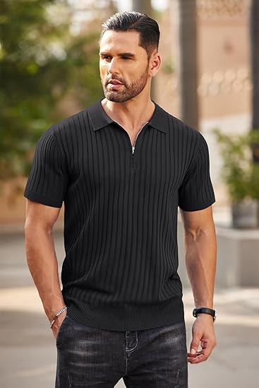 COOFANDY Polo con Cremallera para Hombre, Manga Corta, de Punto Acanalado, Camisetas de Golf Casuales de Moda