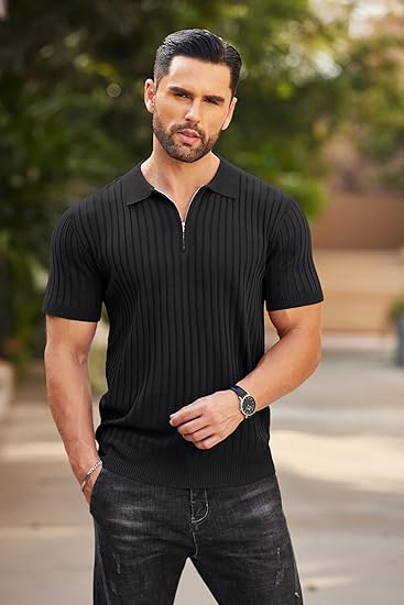 COOFANDY Polo con Cremallera para Hombre, Manga Corta, de Punto Acanalado, Camisetas de Golf Casuales de Moda