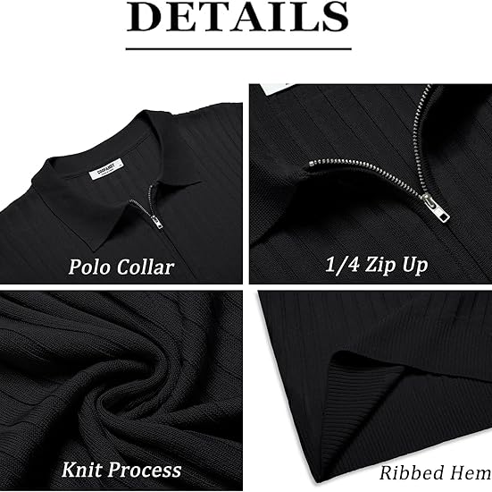 COOFANDY Polo con Cremallera para Hombre, Manga Corta, de Punto Acanalado, Camisetas de Golf Casuales de Moda