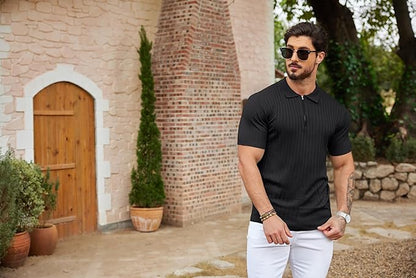 COOFANDY Polo con Cremallera para Hombre, Manga Corta, de Punto Acanalado, Camisetas de Golf Casuales de Moda