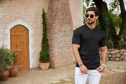 COOFANDY Polo con Cremallera para Hombre, Manga Corta, de Punto Acanalado, Camisetas de Golf Casuales de Moda